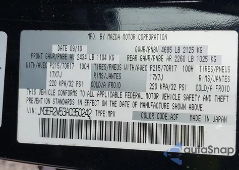 2010 Mazda Cx-7 I Sv from USA, damaged, VIN JM3ER2W53A0350242